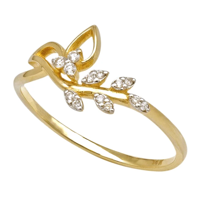 Inel aur galben 14 K, cu diamante dispuse in forma de frunza