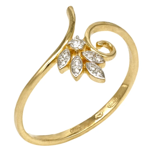 Inel aur galben 14K, cu diamante dispuse în formă de frunză