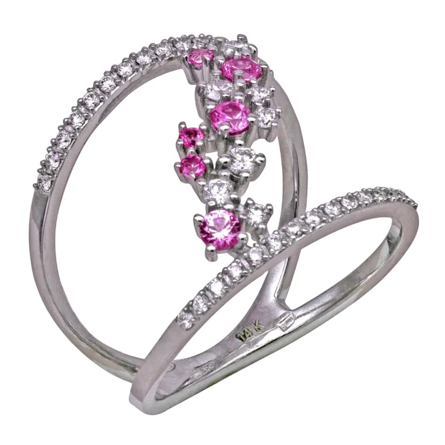 Inel aur alb 14K cu diamante si safire roz