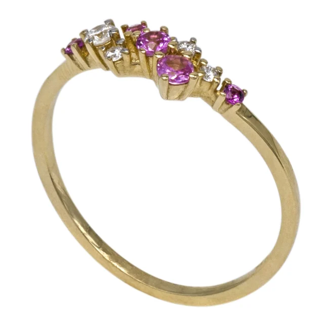 Inel aur galben 14K cu diamante si safire roz