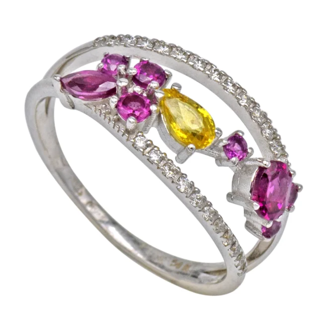 Inel aur alb 14K cu diamante, rodolit si safir