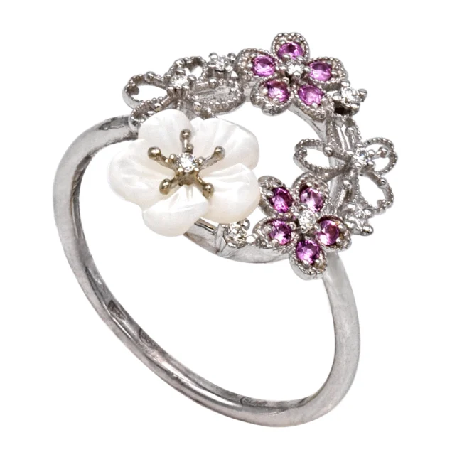 Inel aur alb 14K cu diamante si safire roz