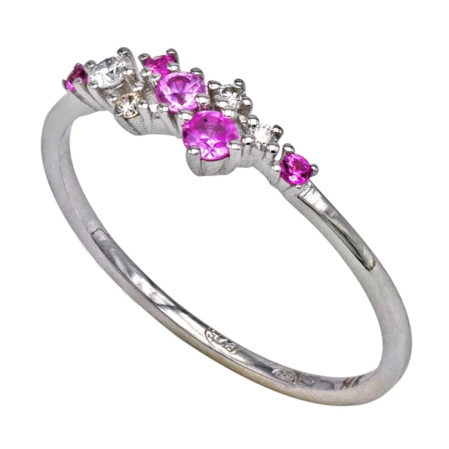 Inel aur alb 14K cu diamante si safire roz